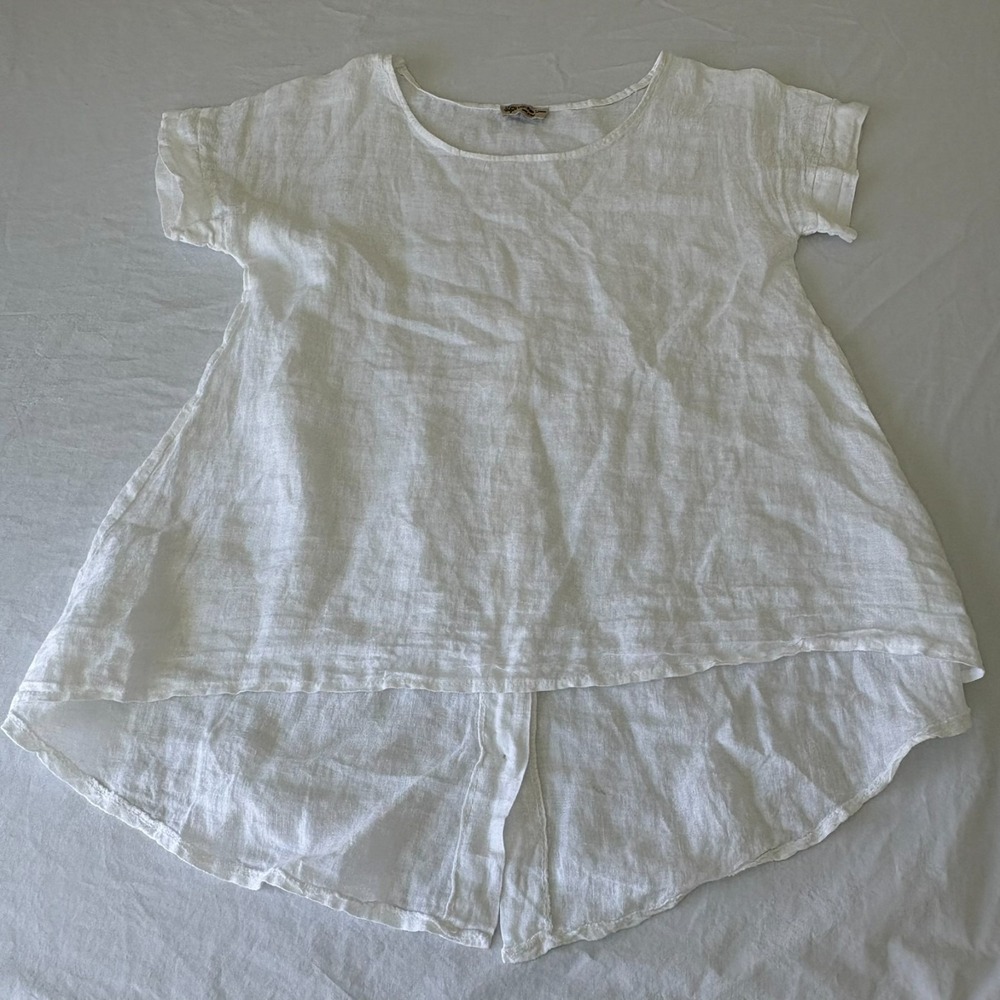Womens White Short Sleeve Hi Low Boho Blouse Top 100% pure linen Italy Medium